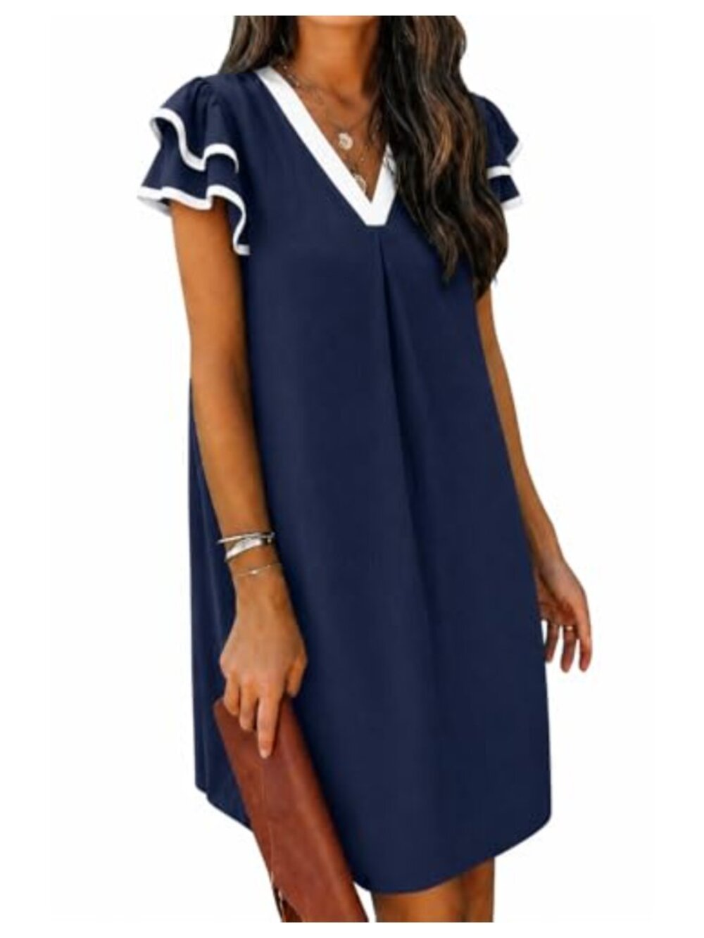 Women's Ruffle Sleeve Shift Dress V Neck Flowy Loose Fit Summer Casual